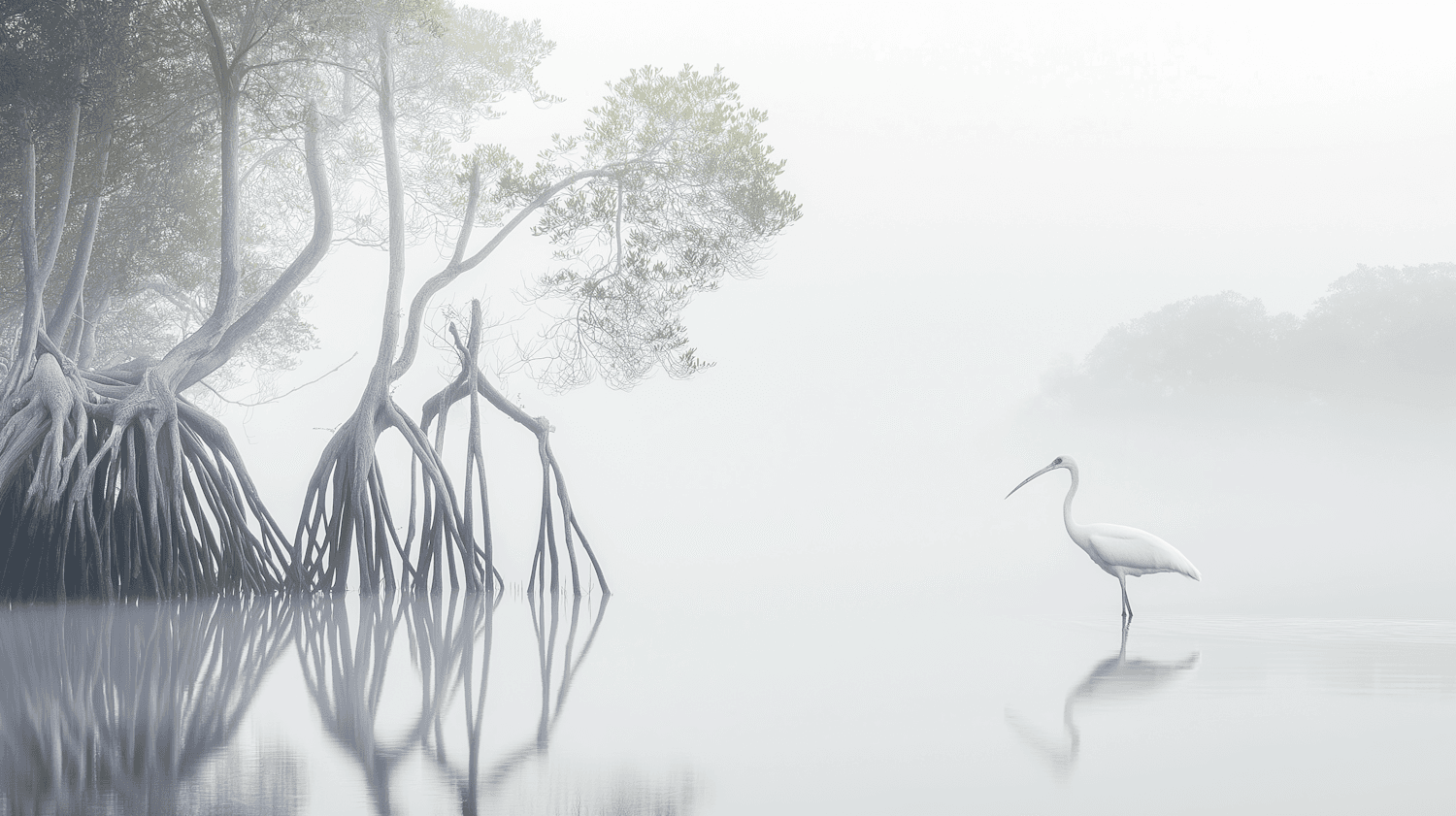 Aigrette blanche dans un marais enveloppé de brume au lever du jour