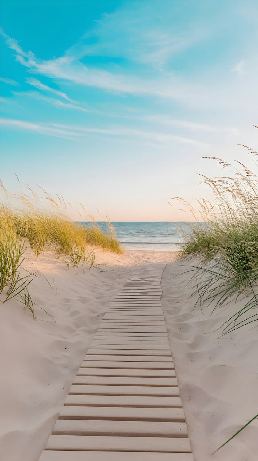 Passerelle en bois traversant les dunes jusqu'à la mer