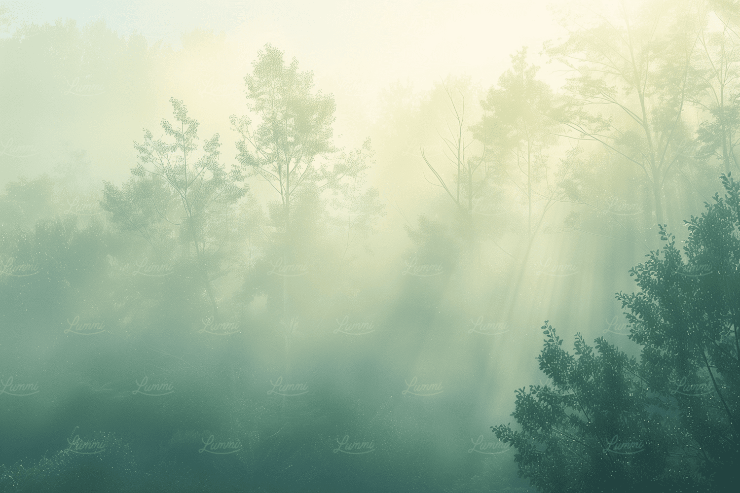 Lumière du soleil traversant une forêt brumeuse