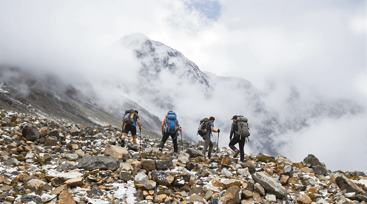 Groupe de randonneurs progressant ensemble en montagne