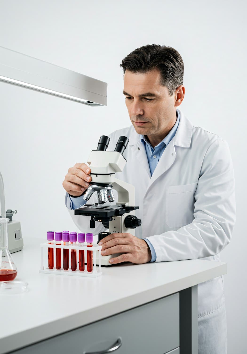 Scientifique observant un échantillon au microscope